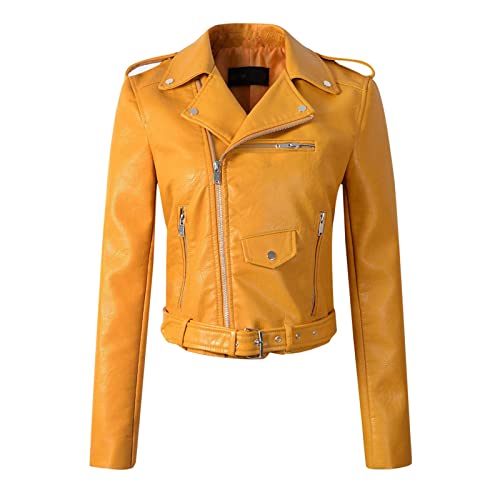 Rumity Damen Lederjacke Kurz Bikerjacke Reverskragen Reißverschluss Leder Jacke Lackleder Übergangsjacke Kurze Damen Jacke Mantel Damen Beige von Rumity