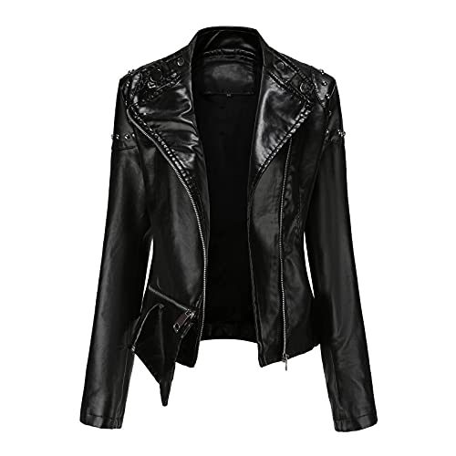 Rumity Damen Lederjacke Kurz Bikerjacke Reverskragen Reißverschluss Leder Jacke Lackleder Übergangsjacke Kurze Wintermantel Mantel Damen Lang von Rumity