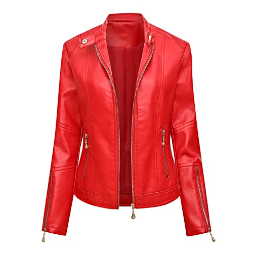 Rumity Damen Lederjacke Kurz Bikerjacke Reverskragen Reißverschluss Leder Jacke Übergangsjacke Kurze Jacke Mantel Damen Elegant Kurzmantel Damen von Rumity