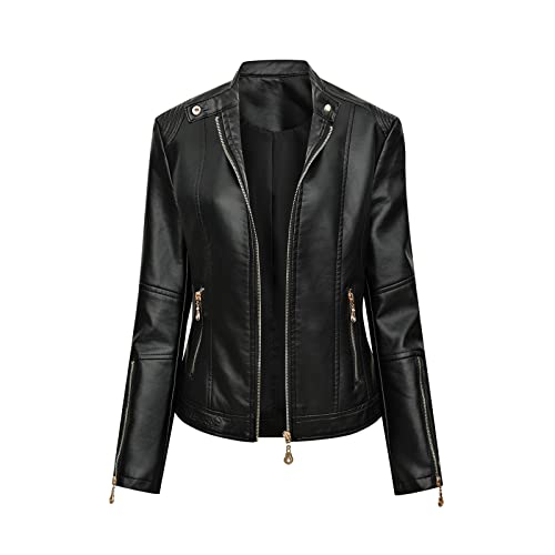 Rumity Damen Lederjacke Kurz Bikerjacke Reverskragen Reißverschluss Leder Jacke Übergangsjacke Kurze Jacke Parker Damen Jacke Herbstmantel Damen von Rumity