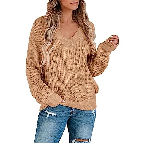 Rumity Damen Pullover V-Ausschnitt Casual Sweater Weich Rippstrick Lässige Strickpullover Langarmshirt Oberteile Tunika Tops Damen Pullover Elegant Pullunder Damen Schwarz von Rumity