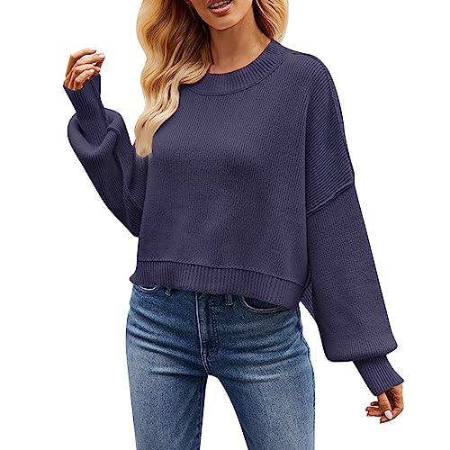 Rumity Damen Rundhals Langarmshirt Side Slit Weich Rippstrick Lässige Strickpullover Oberteile Tunika Tops Pullover Hoodies FüR Damen Grauer Pullover Damen von Rumity