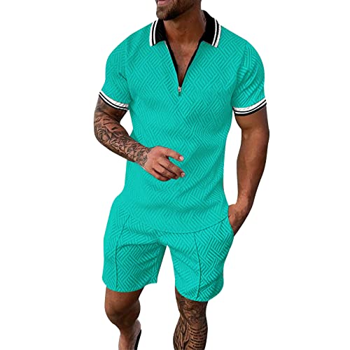 Rumity Herren Trainingsanzug Set Sommer Sportanzug 2 Teiliges Outfit Sport Set Kurzarm T-Shirt + Kurze Hose Sets Freizeitanzug Business Polo Hemd Jogginganzug Zweiteiliges Set Jogginganzug Herren von Rumity