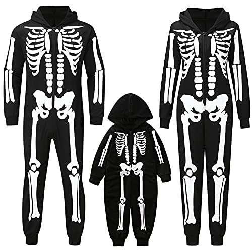 Rumity Jumpsuit Halloween Kostüm Anzug Herren Damen Junge Mädchen Schlafanzug Skull Skelett Bbedruck One Piece Overall Pyjamas Anzug Hausanzug mit Reißverschluss und Kapuze von Rumity