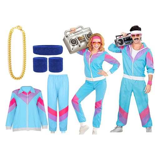 Rumity Kostüm 80er Jahre Trainingsanzug Disco,Jacke und Hose,Jogginganzug,Retro-Style, Bad Taste Party,Karneval, Mottoparty KarnevalskostüMe Damen 90S Outfit lustiges kostüm von Rumity