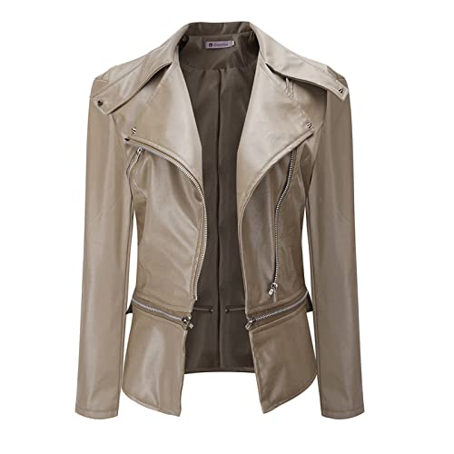 Rumity Lederjacke Damen Kurz Bikerjacke Reverskragen Motoradjacke Leder Jacke Übergangsjacke für Frühling Herbst Lange Jacke Damen Mantel Damen Beige von Rumity