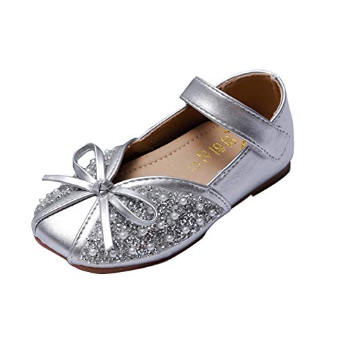 Rumity Mädchen Halbschuhe Prinzessin Paillette Ballerina mit Perlen Riemchen Klettverschluss Festliche Glitzer Schuhe Gold & Silber Mädchen Prinzessin Sandalen Kinder (Silber, numeric_28_point_5) von Rumity