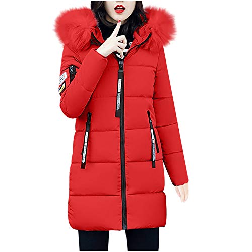 Rumity Wintermantel Damen Warm Gefüttert Winter Parka Jacke Mittellang Winterjacke mit Fellkapuze Dicke Coat Parka Damen Winter Damen Jacke Winter Mantel Damen Herbst Elegant Warm Dick, Rot, L von Rumity