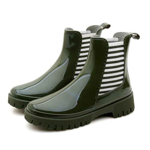 Rumkok Gummistiefel Damen, Original Wasserdichte Kurz Chelsea Regenstiefel, Gummi Gartenschuhe Gummistiefeletten Stiefeletten Boots im Freien Wasserdicht Gummischuhe Regenschuhe, Grün Streifen, 37 EU Rumkok Gummistiefel Damen, Original Wasserdichte Kurz Chelsea Regenstiefel, Gummi Gartenschuhe Gummistiefeletten Stiefeletten Boots im Freien Wasserdicht Gummischuhe Regenschuhe, Grün Streifen, 37 EU von Rumkok