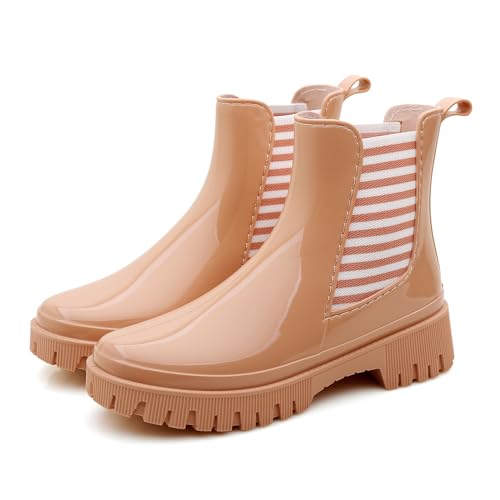 Rumkok Gummistiefel Damen, Original Wasserdichte Kurz Chelsea Regenstiefel, Gummi Gartenschuhe Gummistiefeletten Stiefeletten Boots im Freien Wasserdicht Gummischuhe Regenschuhe, Rosa Streifen, 37 EU von Rumkok