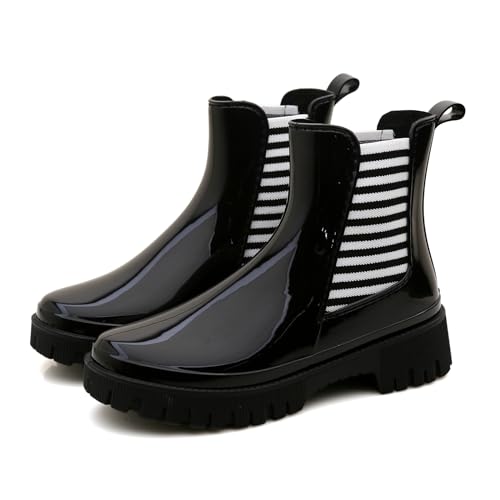 Gummistiefel Damen, Original Wasserdichte Kurz Chelsea Regenstiefel, Gummi Gartenschuhe Gummistiefeletten Stiefeletten Boots im Freien Wasserdicht Gummischuhe Regenschuhe, Schwarz Streifen, 36 EU Gummistiefel Damen, Original Wasserdichte Kurz Chelsea Regenstiefel, Gummi Gartenschuhe Gummistiefeletten Stiefeletten Boots im Freien Wasserdicht Gummischuhe Regenschuhe, Schwarz Streifen, 36 EU von Rumkok
