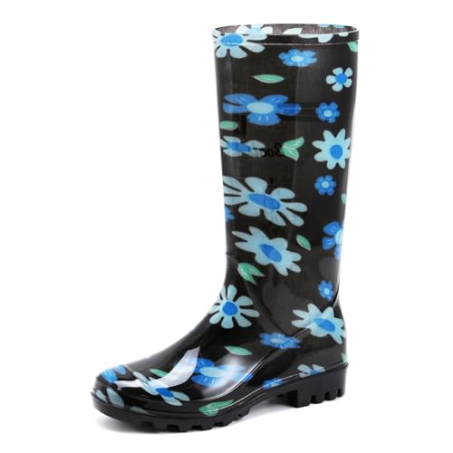 Rumkok Gummistiefel Damen Halbhoch, Regenschuhe Reitstiefeletten, Protective Grundlegend Safety Wasserdicht Reitstiefeletten, Anti-Rutsch Atmungsaktiv Chelsea-Stiefel, Blaue und weiße Blüten, 40 EU von Rumkok