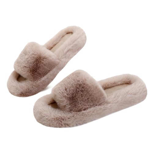 Rumkok Slipper Damen, Hausschuhe Plüsch, Modisch Einfarbig Winter Warm Flauschige Pantoffeln, Super Weich Rutschfest Cozy Slides Original, Beige, 42 EU von Rumkok