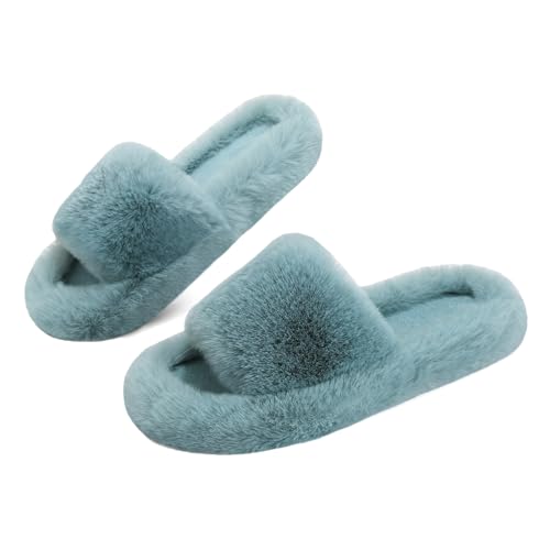 Rumkok Slipper Damen, Hausschuhe Plüsch, Modisch Einfarbig Winter Warm Flauschige Pantoffeln, Super Weich Rutschfest Cozy Slides Original, Blau, 37 EU von Rumkok