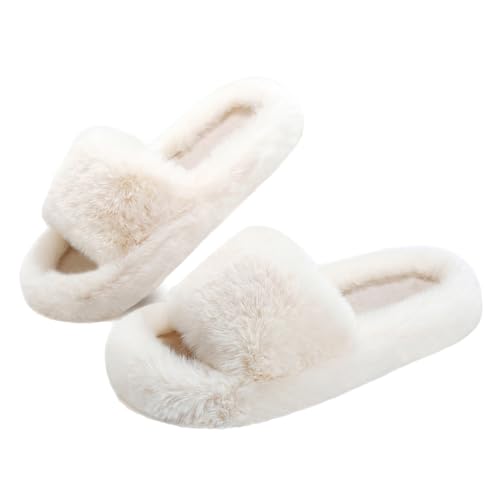 Rumkok Slipper Damen, Hausschuhe Plüsch, Modisch Einfarbig Winter Warm Flauschige Pantoffeln, Super Weich Rutschfest Cozy Slides Original, Weiß, 41 EU von Rumkok