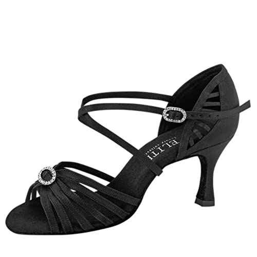 Rummos Damen Latein Tanzschuhe Elite Celine 041 mit Strass-Spange - Material: Satin - Farbe: Schwarz - Weite: Medium (Normal) - Absatz: 60R Flare - Größe: EUR 38 von Rummos