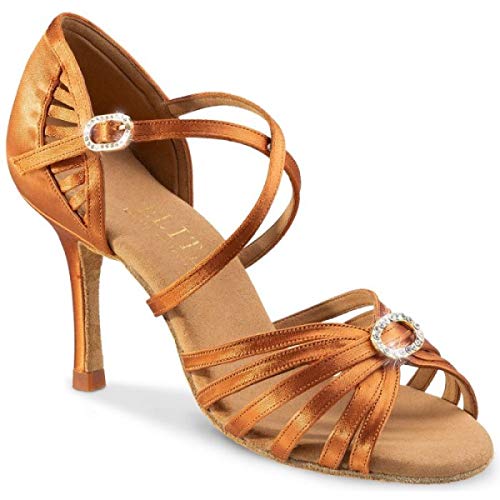 Rummos Damen Latein Tanzschuhe Elite Celine 048 mit Strass-Spange - Material: Satin - Farbe: Dark Tan - Weite: Medium (Normal) - Absatz: 70R Flare - Größe: EUR 35,5 von Rummos