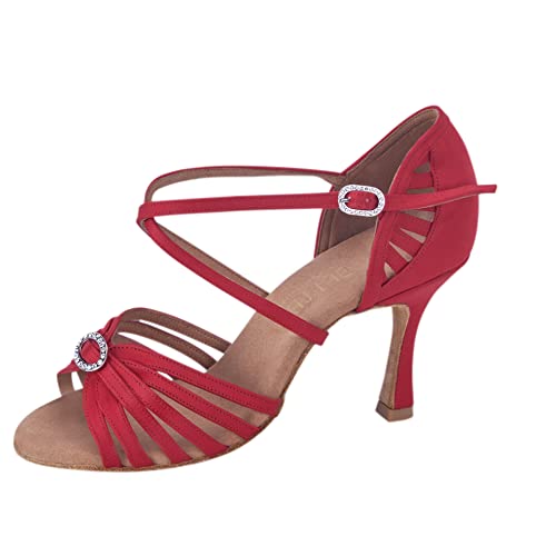Rummos Damen Latein Tanzschuhe Elite Celine 049 mit Strass-Spange - Material: Satin - Farbe: Rot - Weite: Medium (Normal) - Absatz: 70R Flare - Größe: EUR 40 von Rummos