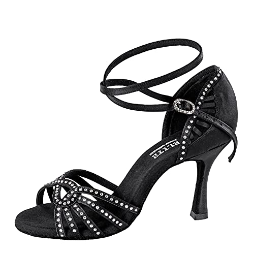 Rummos Damen Latein Tanzschuhe Elite Eris 041S mit Strass - Material: Satin - Farbe: Schwarz - Weite: Medium (Normal) - Absatz: 70R Flare - Größe: EUR 39 von Rummos