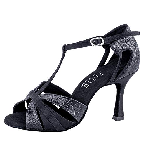 Rummos Damen Latein Tanzschuhe Elite Martina 041/131 - Material: Satin/Glitzer - Farbe: Schwarz - Weite: Medium (Normal) - Absatz: 70R Flare - Größe: EUR 37 von Rummos