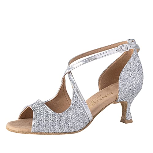 Rummos Damen Tanzschuhe R545 GT9-009 - Obermaterial: Leder/GlitterLux - Farbe: Silber - Weite: Normal - Absatz: 50R Flare - Größe: EUR 40 von Rummos