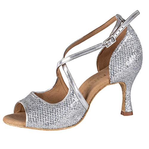 Rummos Damen Tanzschuhe R545 GT9-009 - Obermaterial: Leder/GlitterLux - Farbe: Silber - Weite: Normal - Absatz: 50R Flare - Größe: EUR 37 von Rummos