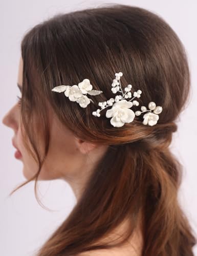 Rumtock Haarnadeln mit weißen Blumen, für Damen, Hochzeit, Brautschmuck, Haarschmuck, silberfarben, 3 Stück Rumtock Haarnadeln mit weißen Blumen, für Damen, Hochzeit, Brautschmuck, Haarschmuck, silberfarben, 3 Stück von Rumtock