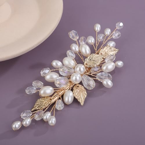 Rumtock Perlen-Haarspange mit goldenen Blättern, seitlicher Kopfschmuck für Damen, Hochzeit, Brautschmuck, handgefertigter Schmuck (Gold) von Rumtock