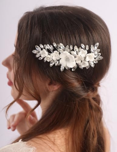 Rumtock Weiße Blume Strass Perlen Haarspange handgefertigt Silber Haarkamm für Frauen Hochzeit Braut Haarschmuck von Rumtock