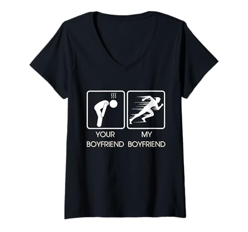 Damen Your Boyfriend vs My Boyfriend Funny Marathon Running Design T-Shirt mit V-Ausschnitt von Run Love Repeat Co.