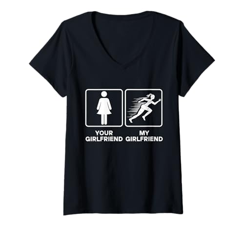 Damen Your Girlfriend vs. My Girlfriend Funny Running Design T-Shirt mit V-Ausschnitt Damen Your Girlfriend vs. My Girlfriend Funny Running Design T-Shirt mit V-Ausschnitt von Run Love Repeat Co.