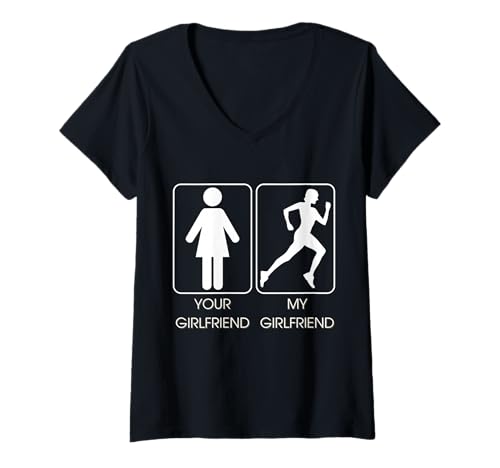Damen Your Girlfriend vs. My Girlfriend Funny Running Design T-Shirt mit V-Ausschnitt Damen Your Girlfriend vs. My Girlfriend Funny Running Design T-Shirt mit V-Ausschnitt von Run Love Repeat Co.