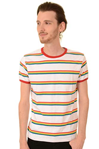 Run & Fly Herren 70s Weiß Retro Regenbogen Blockstreifen T-Shirt - Weiß, XL von Run & Fly
