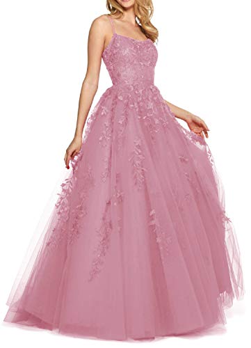 RUNBOO Damen Lang Tüll Prinzessin Ballkleider mit Appliques Spaghetti Rückenfrei Größe 36 Altrosa von RUNBOO