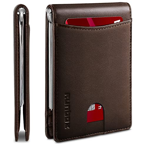 RUNBOX Minimalistische schlanke börse für Männer mit klammer RFID-blockierende Vordertasche Leder Herren Geldbörsen - Braun - Small von RUNBOX