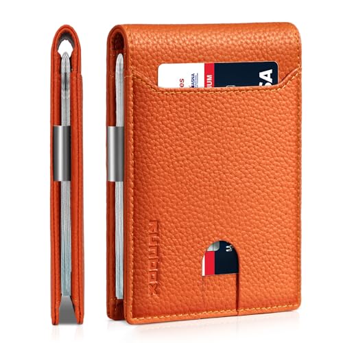 RUNBOX Schlanke Geldbörsen für Herren – Leder-Geldklammer Herren Geldbörse – RFID-blockierende Vordertasche Bifold Wallet – minimalistisches Kreditkartenetui mit Geschenkbox, Litschi Orange, Retro von Runbox