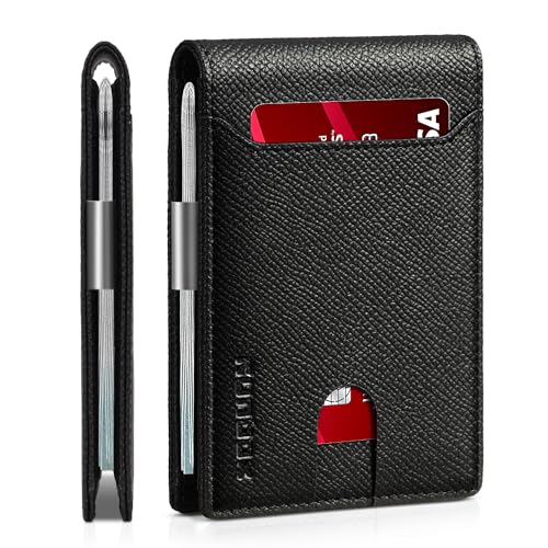 RUNBOX Schlanke Geldbörsen für Herren – Leder-Geldklammer Herren Geldbörse – RFID-blockierende Vordertasche Bifold Wallet – minimalistisches Kreditkartenetui mit Geschenkbox, Palm Grain Schwarz, von Runbox