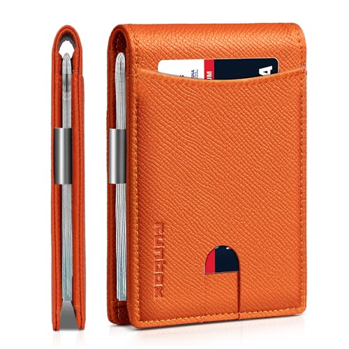 RUNBOX Schlanke Geldklammer Brieftaschen für Männer RFID Blockierung 11 Kartenhalter Minimalistisch Klein Leder Bifold Herren Fronttasche Geldbörse Geschenkbox, HERM NEW-Palm Lines Orange, von Runbox