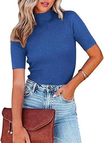 Damen Kurzarm-Shirt, Rollkragen-T-Shirt, schmale Passform, Basic-Top, gerippter Strick, Stretch-Pullover, Blau, Klein von Runcati