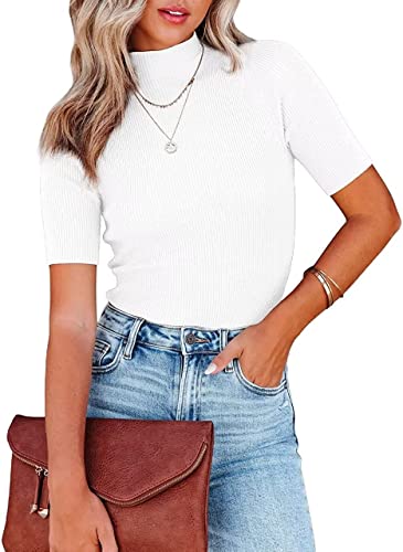 Damen Kurzarm-Shirt, Rollkragen-T-Shirt, schmale Passform, Basic-Top, gerippter Strick, Stretch-Pullover, Weiss/opulenter Garten, Klein von Runcati