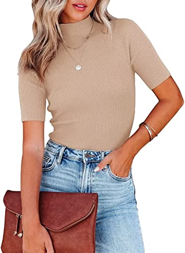 Damen-T-Shirt, kurzärmelig, Rollkragen, schmale Passform, Basic-Tops, gerippt, gestrickt, Stretch-Pullover, Khaki, Klein von Runcati