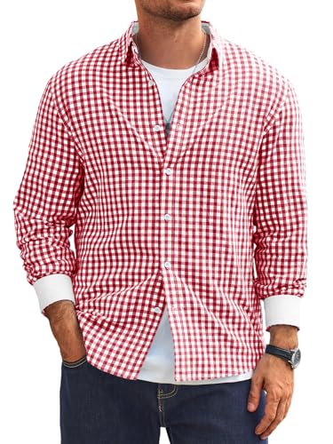 Hemd Herren Langarm Trachtenhemd Kariertes Oktoberfest Hemd Regular Fit Baumwolle Freizeithemd Button Down Hemden Casual Shirt Rot S von Runcati