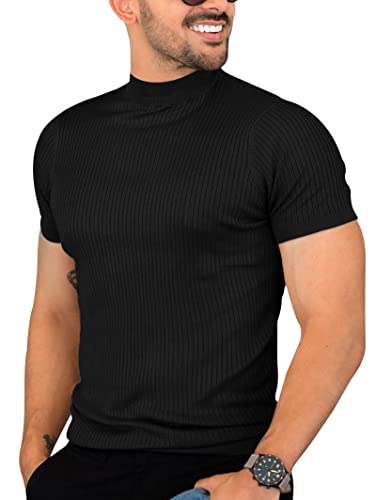 Herren-T-Shirt, leger, schmale Passform, Basic-Top, kurzärmelig, Rollkragen-T-Shirt, Rippstrick, Stretch-Pullover, 01 Schwarz, XL von Runcati