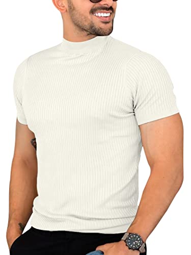 Herren Casual Slim Fit Basic Tops Kurzarm Shirt Rollkragen T-Shirts Rippstrick Stretch Pullover Sweater, Weiss/opulenter Garten, XL von Runcati