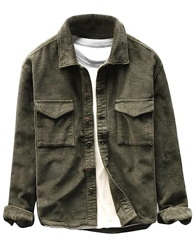 Herren Cordhemd mit Knopfleiste und langen Ärmeln, gerippt, schmale Passform, lässig, warm, 02 Army Green, XX-Large von Runcati