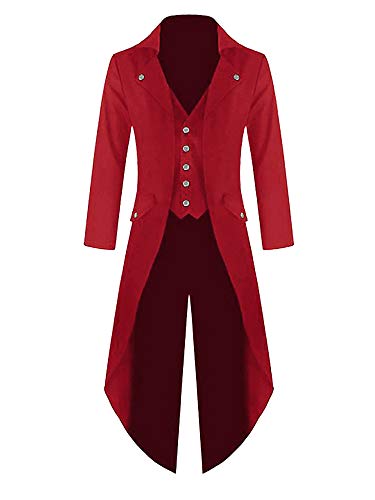 Herren Gothic Frack Steampunk Jacke Viktorianischen Karneval Kostüm Cosplay Smoking Mittelalter Gehrock Mantel Mode Oberbekleidung, Rot, M von Runcati