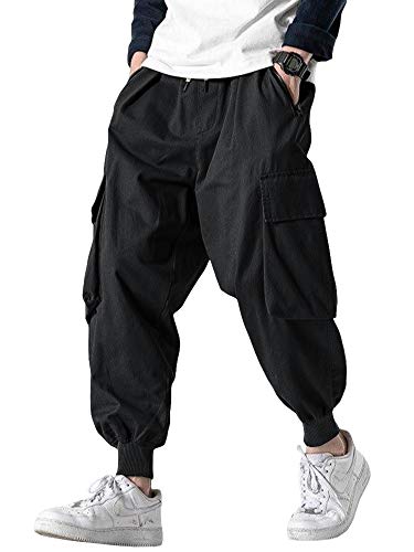 Herren Jogginghose Casual Baggy Baumwolle Kordelzug Tapered Sweatpants Cargo Hippie Loose Fit Hose mit Multi-Pocket - Schwarz - X-Groß von Runcati