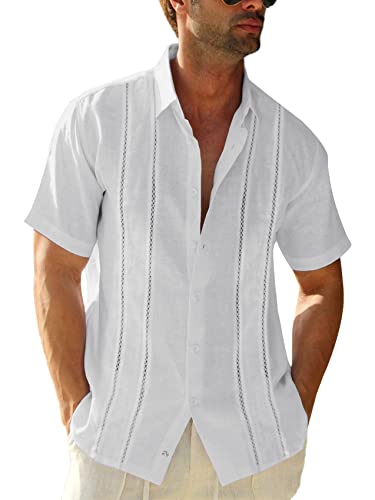 Herren Kurzarm Guayabera Hemden Leinen Baumwolle Knopfleiste mexikanisch bestickt kubanische Hochzeit Sommer Tops, 01 Weiß, XX-Large von Runcati