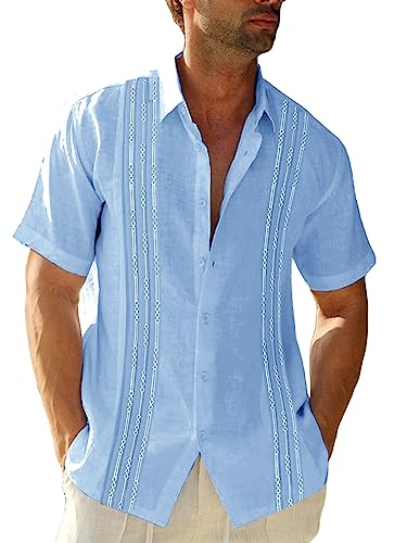 Herren Kurzarm Guayabera Hemden Leinen Baumwolle Knopfleiste mexikanisch bestickt kubanische Hochzeit Sommer Tops, Sky Blue, Mittel von Runcati