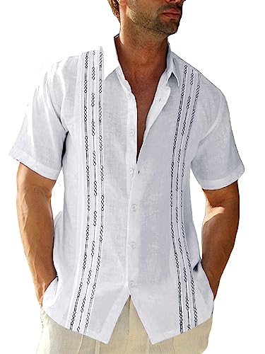 Herren Kurzarm Guayabera Hemden Leinen Baumwolle Knopfleiste mexikanisch bestickt kubanische Hochzeit Sommer Tops, White, XX-Large von Runcati